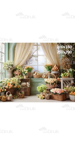 Tło fotograficzne „Wiosenne okno z koszami kwiatów i wielkanocnymi dekoracjami” | E645